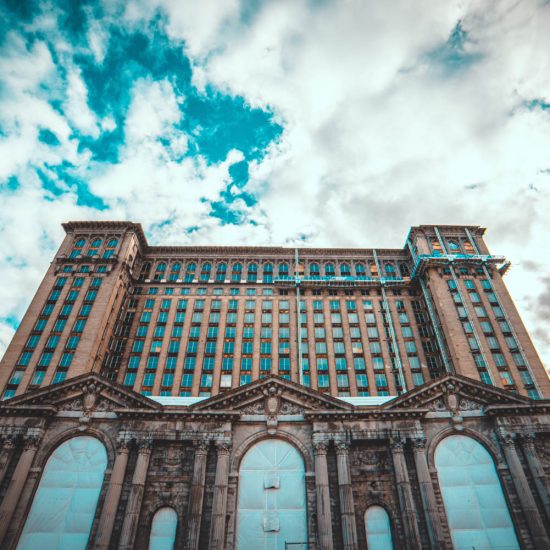 Looking up at Mcihgian Central Station from the front // MICHIGAN CENTRAL STATION PHOTO AMI NICOLE / ACRONYM