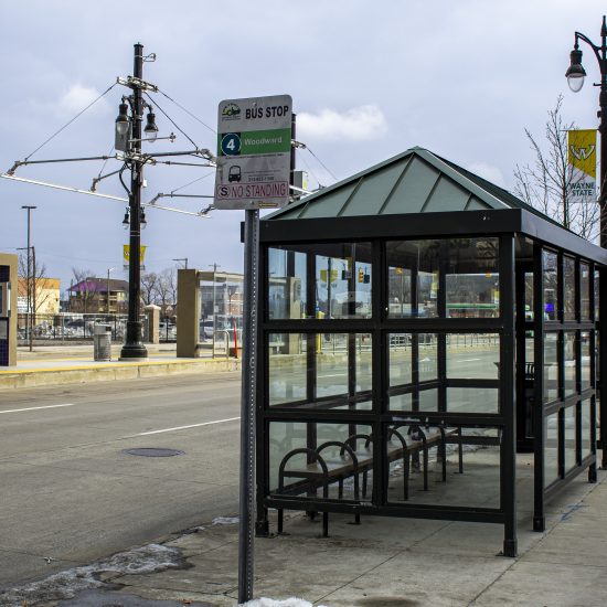 TRANSPORTATION IN METRO DETROIT A DDOT BUS STOP ON WOODWARD AVE. PHOTO JOHN BOZICK
