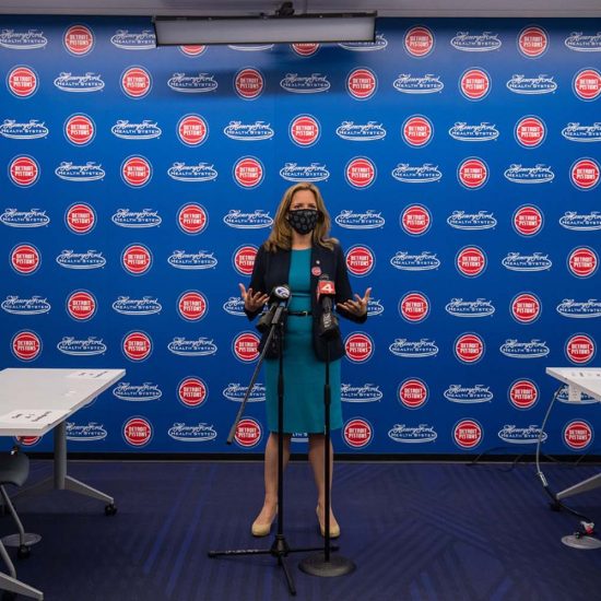 election MICHIGAN SECRETARY OF STATE, JOCELYN BENSON, SPEAKINGA T AN EVENT WITH THE DETROIT PISTONS. PHOTO CHRIS SCHWEGLER/DETROIT PISTONS