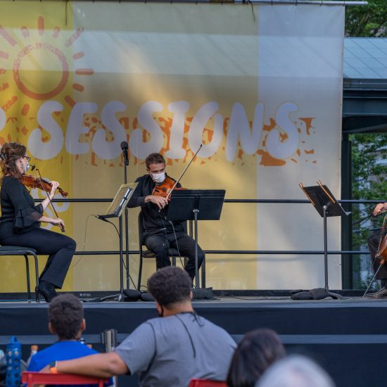 DSO ACTING CONCERTMASTER KIMBERLY KALOYANIDES KENNEDY, PRINCIPAL VIOLA ERIC NOWLIN, AND PRINCIPAL CELLO WEI YU PERFORM IN SOSNICK COURTYARD ON AUGUST 5, 2020