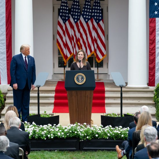 JUDGE AMY CONEY BARRETT SPEAKS AT THE WHITE HOUSE DAYS BEFORE HER CONFIRMATION TO THE SUPREME COURT. PHOTO ANDREA HANKS