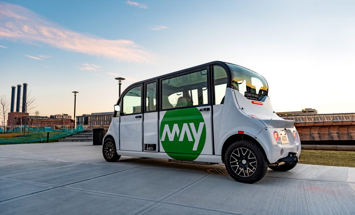 future of mobility: A MAY MOBILITY AUTONOMOUS SHUTTLE. PHOTO MAY MOBILITY