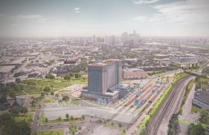 MICHIGAN CENTRAL AERIAL VIEW LOOKING NORTHWEST – COURTESY OF PRACTICE FOR ARCHITECTURE AND URBANISM (PAU)