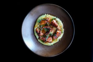 OCTOPUS A LA PLANCHA WITH POTATO PUREE, CAPERS, LEMON, AND DILL;