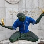Spirit of Detroit statue wearing Detroit Lions jersey for NFL playoffs