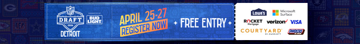 Advertisement for the NFL Draft event in Detroit from April 25-27, with free entry. Register now.