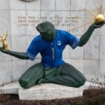 Spirit of Detroit Statue with Lions jersey