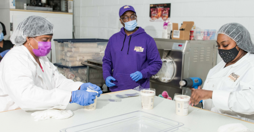 JAMES RENDER AND TEAM, SEALING HATTIEGIRL ICE CREAM AT IT'S DETROIT MANUFACTURING FACILITY