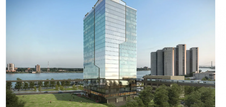 RENDERING OF 25-STORY, MULTI-FAMILY BUILDING IN DOWNTOWN DETROIT AT THE FORMER JOE LOUIS ARENA SITE, PHOTO 600ASSOCIATES.COM