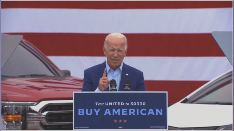 JOE BIDEN SPEAKS OUTSIDE THE UAW REGION 1 HEADQUARTERS IN MACOMB COUNTY.